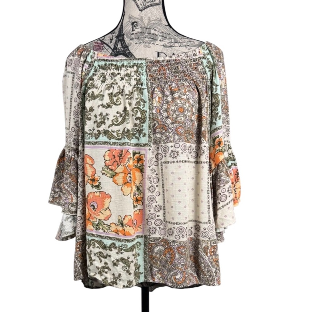 Cato EST 1948 Boho Chic Floral Patchwork Blouse w/ Flutter Sleeves Size Medium